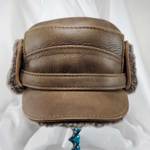 Ricardo BH Brown Leather Aviator Hat With Faux Fur Lining Elmer Fudd Ear flaps - Picture 2 of 16